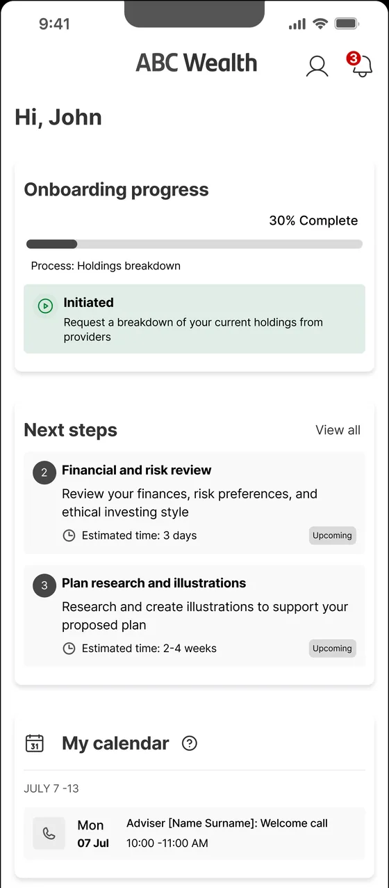 Interim dashboard at 30 per cent: onboarding progress on holdings breakdown, next steps for a financial and risk review and plan research, and a welcome call in the calendar. No portfolio value yet.
