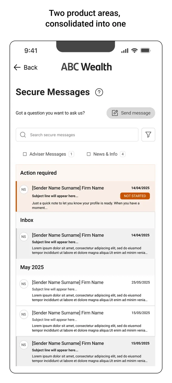 Secure Messages screen with a single filtered inbox, an action required group at the top, then the inbox grouped by month.