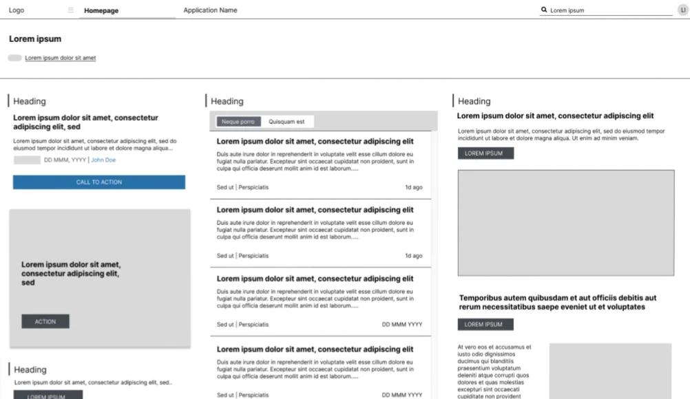 A greyboxed wireframe of the launched homepage: a curated column of picks with a call to action on the left, a tabbed feed of articles with source and age in the middle, and recommendations with images on the right.