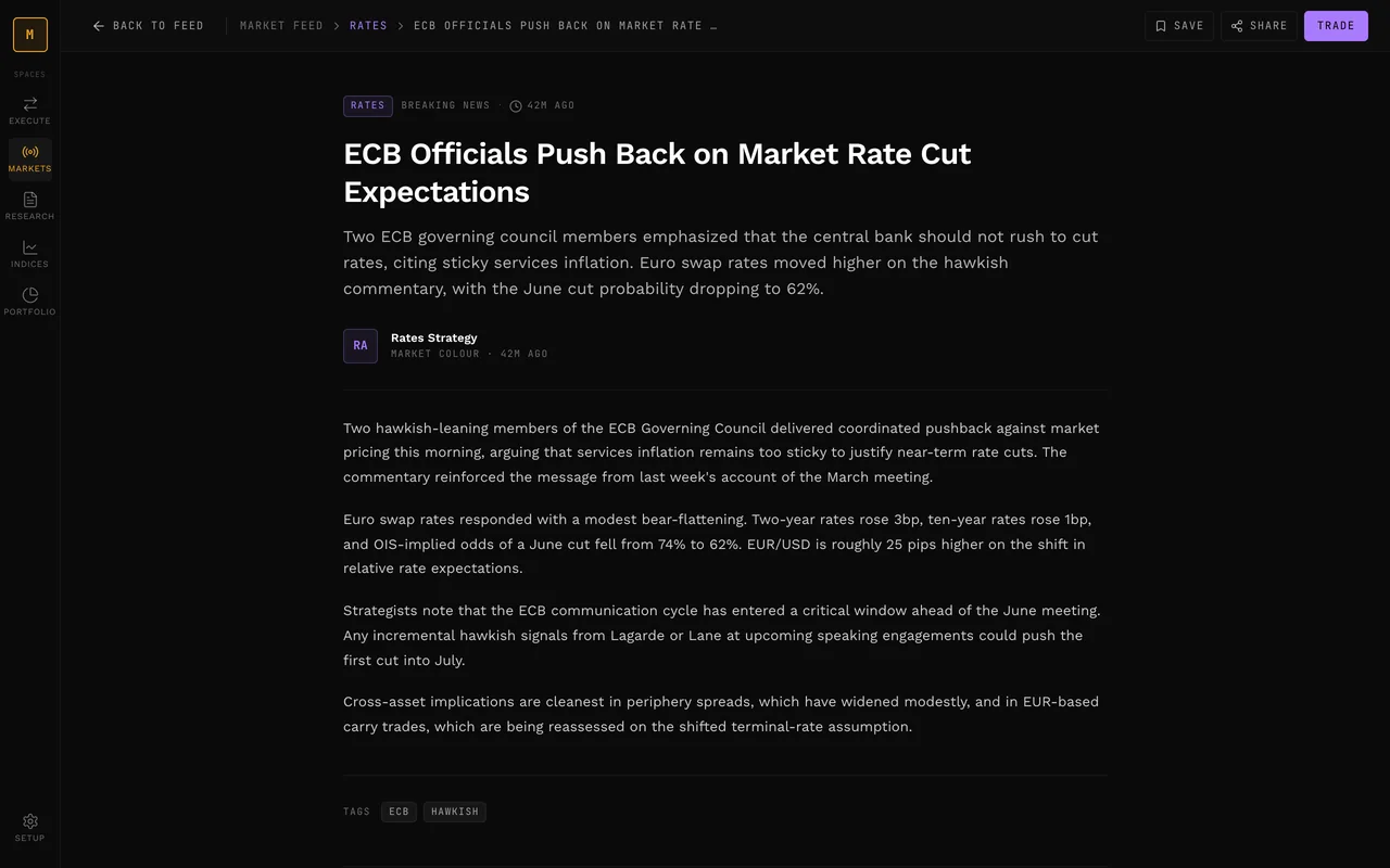 A feed tile opened as a full article in the prototype: a breadcrumb back to the feed, the headline, a summary, the attributed source, the body in full, tags, and save, share and trade controls in the top right.