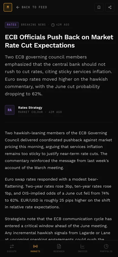 A full story open on a phone in the prototype: back to feed, save and share along the top, the headline, a summary, the attributed source, the article body, and a bottom bar for execute, markets, research, indices and portfolio.