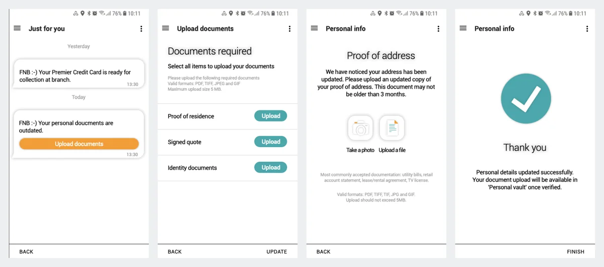 Four Android screens in order: an in-app message saying your personal documents are outdated with an Upload documents button; a Documents required list with one upload button per item; a proof of address screen offering Take a photo or Upload a file; and a Thank you screen saying the upload will be in the personal vault once verified.