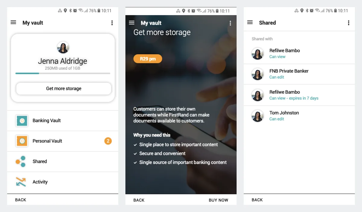Three Android screens. My vault, showing 250MB used of 1GB, a Get more storage button, and banking, personal and shared vaults. Get more storage at R29 a month. And a Shared list where each person can view or edit, one access expiring in 7 days.