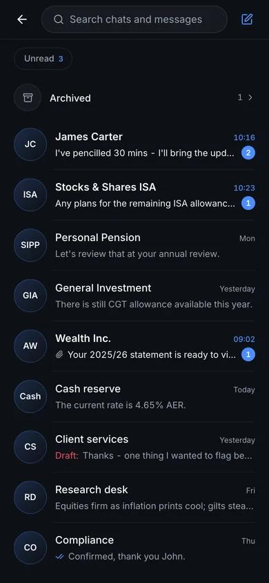 The secure messages inbox: search, an unread filter, an archived row, then threads from the adviser, from four accounts, and from client services, research and compliance, with unread counts, an attachment and an unsent draft.