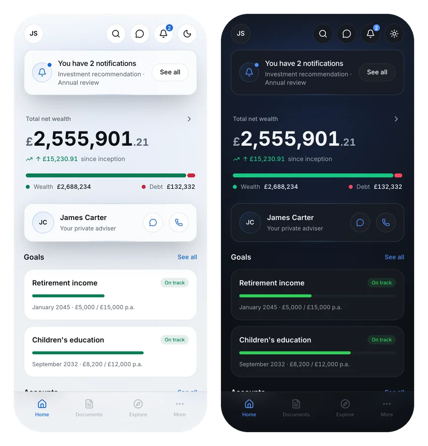 The same home screen side by side in light and dark, from one build. Green still marks wealth and red still marks debt in both, blue still carries the primary action, and every value has changed while no role has.