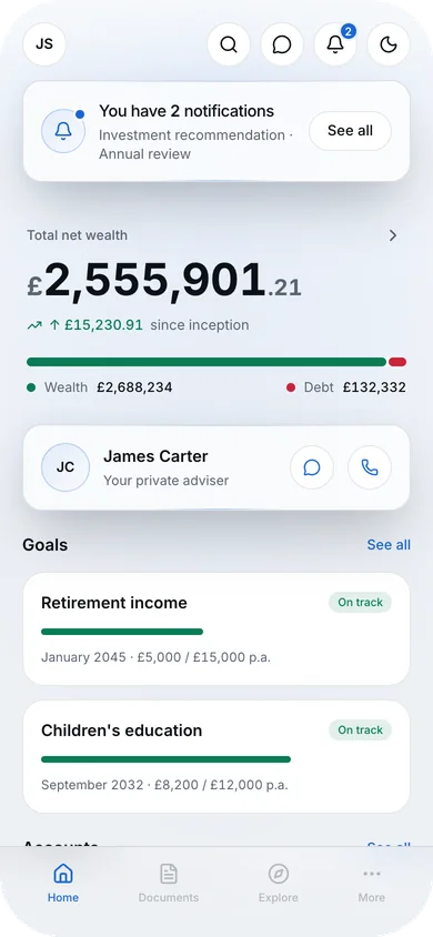 The home screen in the light theme, with the adviser card sitting directly under the wealth summary and above the goals.