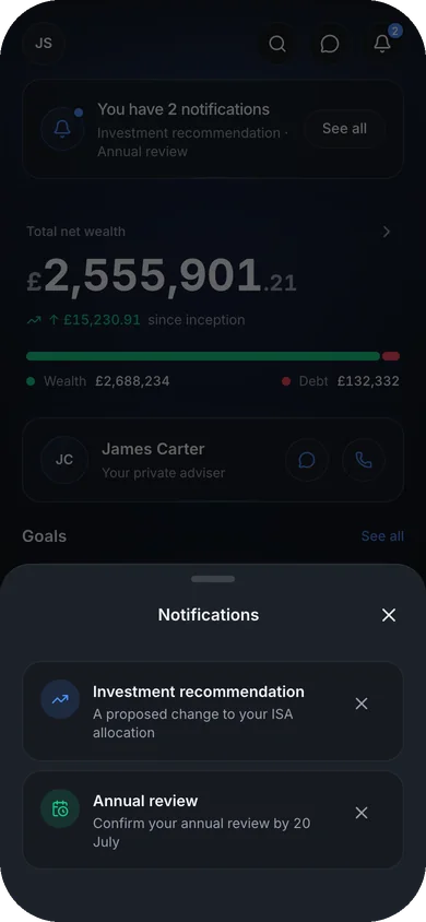 The notifications sheet open over a dimmed home screen: two rows, an investment recommendation about an ISA allocation change and an annual review to confirm, each with its own dismiss control.