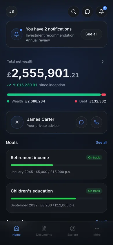 The Wealth Inc home screen: one summarised notification banner, total net wealth, the adviser, and two goals.