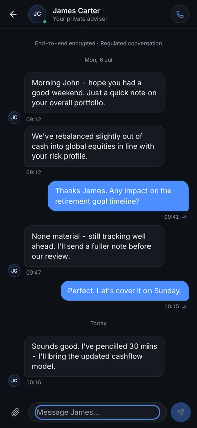 A thread with the adviser, labelled end-to-end encrypted and a regulated conversation, showing a rebalance explained, the client asking about the retirement goal, read receipts, date breaks and a composer that takes an attachment.